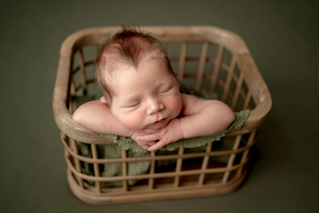 Howard County baby posed in a basket with olive green background